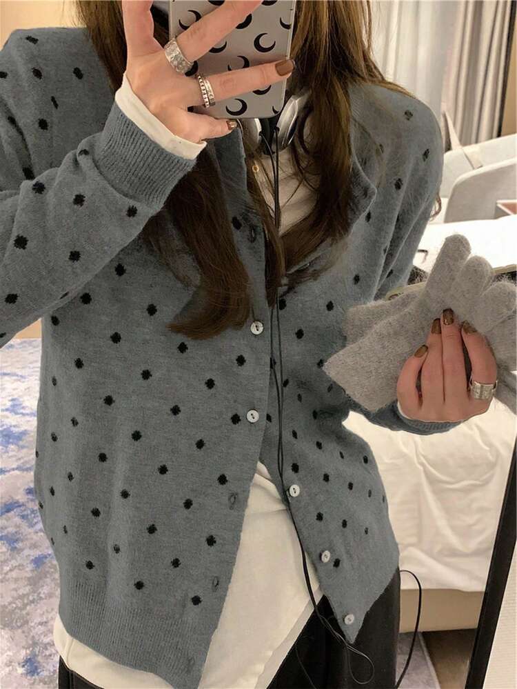 Polka Dot Pattern Vest, Women's Casual Long Sleeve Knit Cardigan, Spring - Dark Grey - View 2