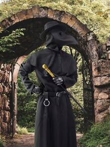 万圣节服装，适合瘟疫医生，黑色斗篷长袍，带鸟嘴面具和手套