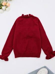 Women's Elegant Comfortable Solid Color Long Sleeve V-Neck Mushroom Button Sweater, Autumn/Winter - Red (new) - View 7