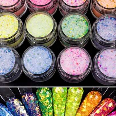 Bộ bột acrylic 12 màu, 12 hộp/bộ, 10ml/hộp, bột acrylic hình lục giác lấp lánh họa tiết nàng tiên cá dùng để nối móng, tạo hình, nhúng móng, bột polymer acrylic chuyên nghiệp 3 trong 1 có nhũ, không cần dùng đèn khò móng.
