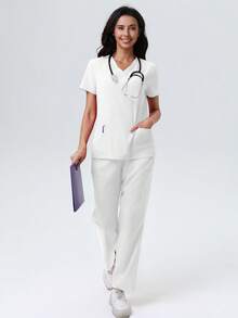 V-Neck Solid Color Pocket Short Sleeve Top And Pants Scrub Set Spring White - White - View 5