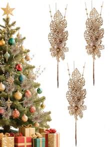 12 pièces de fleurs artificielles de Noël, baies et feuilles, pics pour sapin de Noël pour la décoration de l'arbre de Noël. Pics de Noël avec fleurs, baies et feuilles, paillettes de Noël pour ornements de sapin de Noël (Champagne)