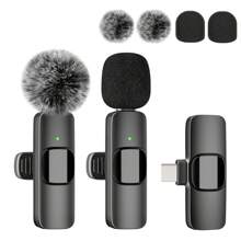 适用于 iOS Type-C 的无线领夹式降噪麦克风,即插即用,专业降噪夹式麦克风,适用于创作者和采访(50mAh 可充电电池) - 黑色 - 查看 2