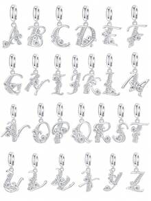 镀银吊坠二十六个字母系列锆石粉色珠子吊坠 A 到 Z 首字母适用于手链 DIY 女士珠宝家庭信件圣诞节生日返校季礼物 - 銀色 - 查看 2