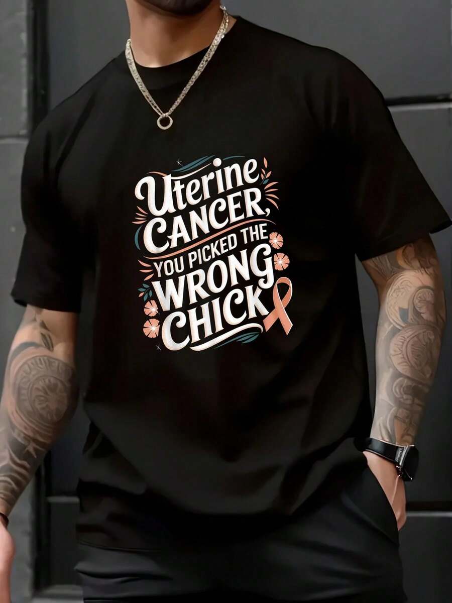 Cancer Awareness Picked A Wrong Chick Uterine Cancer T-Shirt - 100% Cotton Graphic Tees Men, Summer Clothes,Summer Tops - màu đen - Xem 1