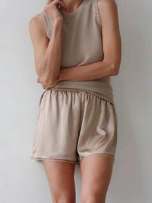 Women's Summer Lounge Shorts Solid Color Satin Elastic Waist Loose Fit Short Pants - Khaki - View 3