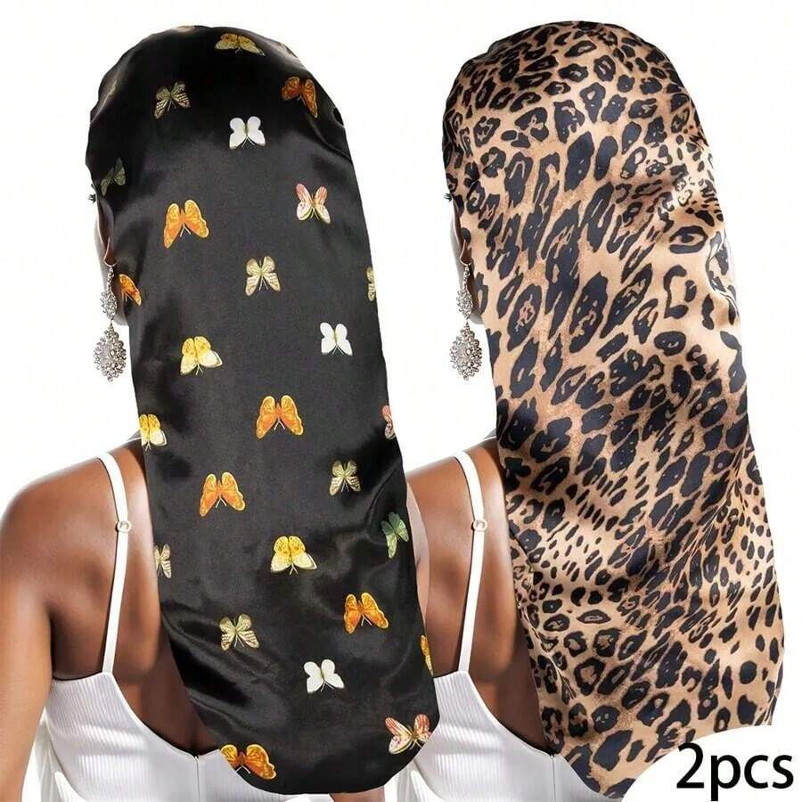 2pcs Satin Butterfly Print Long Sleep Cap, Luxury Satin Silk Sleep Cap With Adjustable Drawstring, Comfortable Fit, Christmas Gift Hair Sleep Cap - Multicolor - View 1