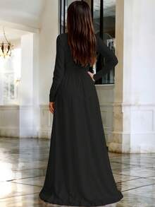 Vestido Largo Escote en V Acentuado Corte con Abertura Frontal Elegante Mangas Largas Ajustadas Diseño Fluido Cintura Ceñida Moderno Casual y Elegante Vestido Llamativo  Liso    Fiesta    Abertura alta  Cremallera  Fruncido    Boda - Negro - Ver 3