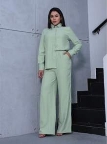 2025 Summer Women Casual Two Piece Set, Solid Color Cardigan With Pocket, Casual Wide Leg Pants, Daily Outfit