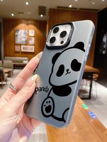 兼容 16、15、14、13、12、11 Pro Max/兼容三星/Redmi/OPPO/Infinix 系列，1 件时尚熊猫图案防震、防指纹、防摔金属按钮三合一 IMD 手机壳，银色 - 黑色 - 查看 2