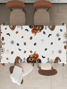 1 pezzo Tovaglia retrò di Ognissanti con stampe di carretto di zucche, gnomi e lapidi, decorazione a motivo di bufalo d'acqua, tovaglia rettangolare/quadrata impermeabile, utilizzata per feste e decorazione per pranzo interno/esterno