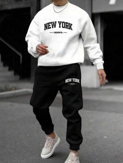 男士休闲舒适秋冬套装，简约街头风，饰有纽约字母印花，白色圆领卫衣搭配修身运动裤。