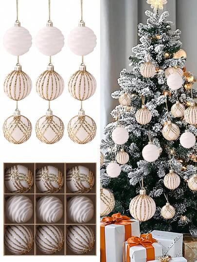 9pcs Christmas Balls Set Glitter Christmas Tree Ornaments Decoration Flocked Christmas Ball Ornaments Xmas Tree Hanging For Indoor Outdoor Holiday Party Decor Christmas Tree Ornament Shatterproof Baubles Hanging Pendant For Home Decoration Party Supplies