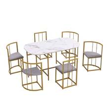 Six-Chair Dining Table Set:(White Table, Chairs With Backrests And Gray Upholstery, Gold Iron Frame),Dining Room Table And Chair Set,Modern Dining Table Combination - Gold - View 2