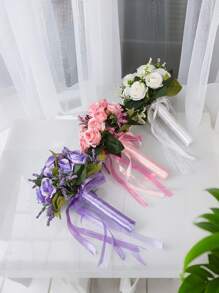 1 szt. Nowy sztuczny bukiet z fioletowych róż, odpowiedni dla druhen, panien młodych, jako rekwizyt do fotografii ślubnej, elegancki, słodki i romantyczny wystrój ślubu