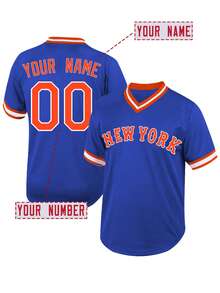 Personalisiertes Namen- und Nummern-Herren Baseball Trikot New York Blau V-Ausschnitt, personalisiertes kurzärmeliges Knopfhemd für Partys, Training, Sport Tops Größe S-XXL