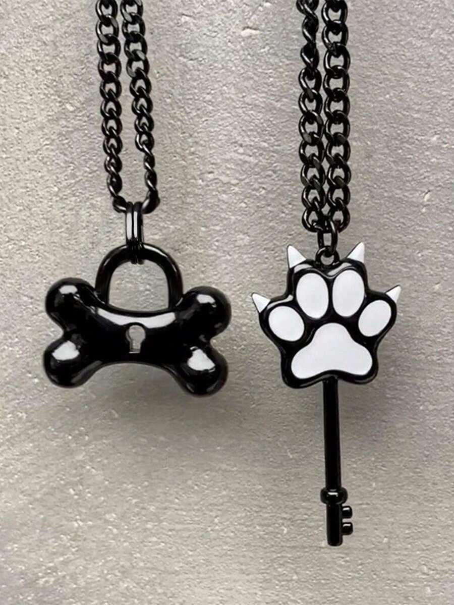 1/2pcs Bone & Cat Paw Pendant Necklace Chain, Black Metal Unisex Fashion Jewelry Gift, Everyday Wear - màu đen - Xem 1