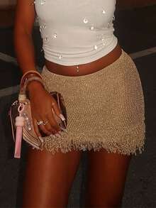 针织流苏新款性感双层半身裙搭配短裤 - 香檳色 - 查看 6