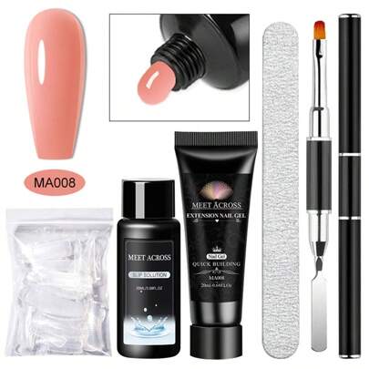 MEET ACROSS Kit de extensión de uñas de 5 piezas, gel de extensión rosa con solución deslizante, formas duales y pincel para uñas, perfecto para principiantes y manicuras en casa
