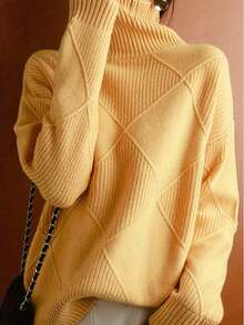 Plus Size Women Solid High Neck Long Sleeve Pullover Sweater, Autumn/Winter - 黃色 - 查看 1