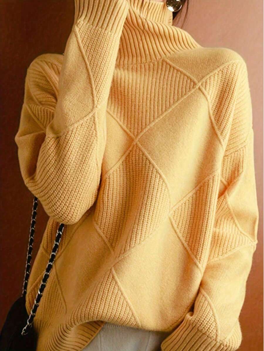 Plus Size Women Solid High Neck Long Sleeve Pullover Sweater, Autumn/Winter - 黃色 - 查看 1