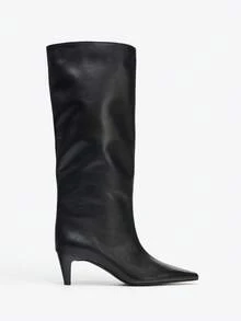 秋冬新款棕色绒面革细跟高筒靴，百搭女靴，细跟 - 黑色 - 查看 4