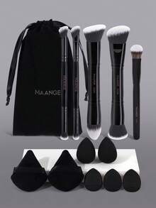 MAANGE 1/2/5/12/13件套化妆工具套装，包含5支双头化妆刷，基础款平头圆头刷，适用于粉底液、粉饼、腮红、眼影、遮瑕膏等；7个化妆粉扑，包括2个美妆蛋、2个三角绒粉扑、3个迷你指套气垫粉扑，打造无瑕妆容，适合旅行、派对补妆等场合。产品名称：化妆刷套装、化妆刷套装、化妆刷套装、完整化妆套装、化妆刷套装、完整化妆套装、化妆刷套装、化妆刷套装、化妆礼品套装、赠品、专业化妆刷、完整化妆套装。 - 黑色 - 查看 17