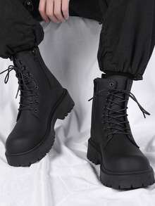 时尚哑光高帮男士踝靴，厚底，防滑，复古休闲靴，圆头，适合冬季户外 - 黑色 - 查看 2