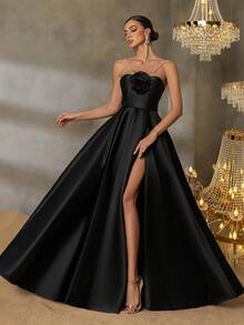 Faeriesty Style Elegant Luxury Stereo Flower Halter Neck Split Thigh Satin Prom Dress – Backless Tie-Belt Design For Weddings, Galas, And Cannes Parties Proms, Red-Carpet Events, And High-End Banquets​,Award Ceremonies