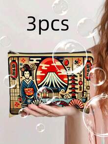 1pc Japanese Traditional Print Makeup Bag Large Capacity Zippered Cosmetic Pouch, Durable Polyester Travel Organizer With Braided Details & Vibrant Geisha, Pagoda, Cherry Blossom Design - Perfect Gift For Women, Pet Lovers, Avocado Fans, Sturdy Zipper Closure,Pouch,Makeup Pouch,Travel Essential - Multicolor - View 6