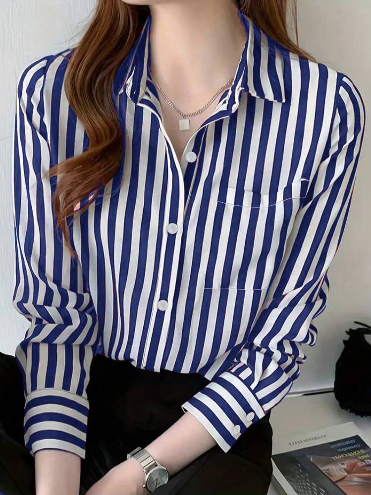 Women's Striped Long Sleeve Pocket Loose Casual Commuter Shirt, Spring/Autumn - Blue and White - View 2