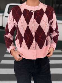 Women's Elegant Chic Minimalist Daily Commute Colorblock Diamond Plaid Single-Breasted Round Neck Long Sleeve Cropped Knit Cardigan, Halloween, Thanksgiving, Party Knit Top, Graceful Women's Knit Top Pink - Pink - View 2