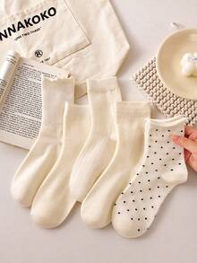 4 双女士可爱波尔卡圆点和荷叶边舒适休闲中筒袜，白色袜子，透气柔软，学校袜，日常袜子，颜色随机，适合日常穿着和外出，适合春夏秋冬 - 彩色 - 查看 11