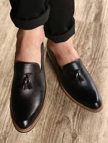Salkin 经典复古设计师男士一脚蹬乐福鞋，优雅绅士流苏皮鞋，透气纯色，防滑耐用鞋底，适合休闲、商务、正式场合、毕业典礼、婚礼、春夏秋季，加大码 - 黑色 - 查看 9