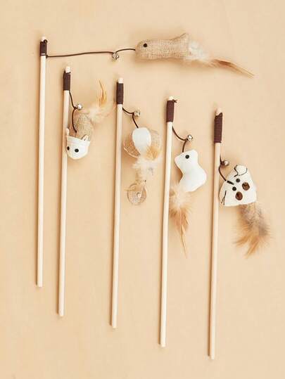 1pc Wooden Cat Teaser Wand With Mouse Bell, Random Style, Interactive Cat Toy