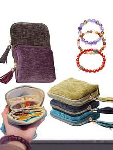 1pc Travel Jewelry Pouch, Velvet Storage Bag With Zipper For Jewelry, Organizer Bag For Additions, A Gift For Women, Travel Business Jewelry Bag - Multicolor - View 4
