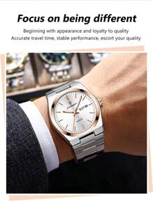 POEDAGAR 1 pezzo Orologio da uomo in acciaio inossidabile impermeabile e luminoso, con display della data e del giorno, casual, al quarzo, adatto per uso quotidiano, con confezione