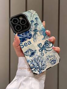 1pc Minimalist Ocean Creature Pattern Vertical Faux Leather Soft Protective Phone Case, Compatible With Apple And 16/16PLUS/16PRO/16PROMAX Waterproof Shockproof Anti-Fall Scratch Resistant - Multicolor - View 3
