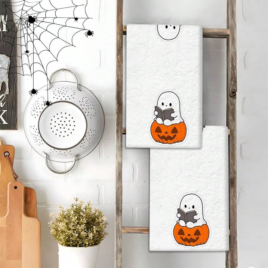 2/4 Pcs Ghost Pumpkin Printed Dish Towels, Halloween Gifts, Halloween Decorations, Super Absorbent Microfiber Modern Towels For Cooking, Baking, Washing Dishes, Cleaning, Hand Towels, Tea Towels, Soft And Highly Absorbent, Kitchen Decor, Gifts For Neighbors, Moms, Birthdays, Housewarming For Friends, Kitchen Essentials, Daily Necessities