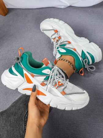 Women's White, Orange, Mint Green Color Block Casual Sneakers, Lace-Up, Durable, Platform, Outdoor Sports, Campus Comfortable, Breathable, Versatile Chunky Sneakers