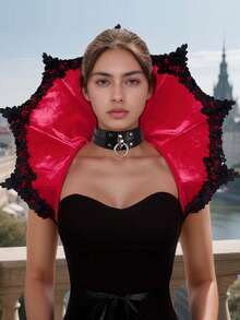 1pc Halloween Gothic Witch Queen Velvet Skeleton Lace Stand Up Collar Cloak, Suitable For Halloween Outing, Artistic Costume Accessories (Red), Made Of Polyester Fiber