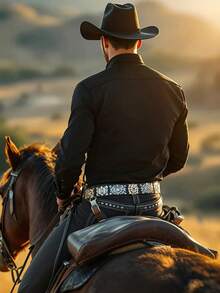 Men's Casual Western Cowboy Long Sleeve Shirt - Black - View 3