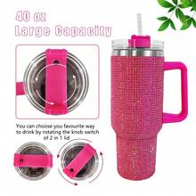 40oz Tumbler With Handle & Straw Lid, Studded Bling Design, Stainless Steel Double Wall Vacuum Insulated, Travel Mug Water Bottle, Fits Cup Holder - 黑色 - 查看 6