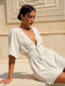 SHEIN Swim Chicsea 女士夏季沙滩蝙蝠袖和服，适合休闲和度假穿着 - 白色 - 查看 3