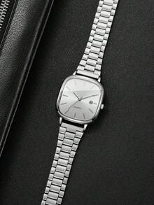 1 件男士礼品手表，经典时尚方形表盘日历显示，简约休闲时尚石英腕表，不含表盒 - 銀色 - 查看 9