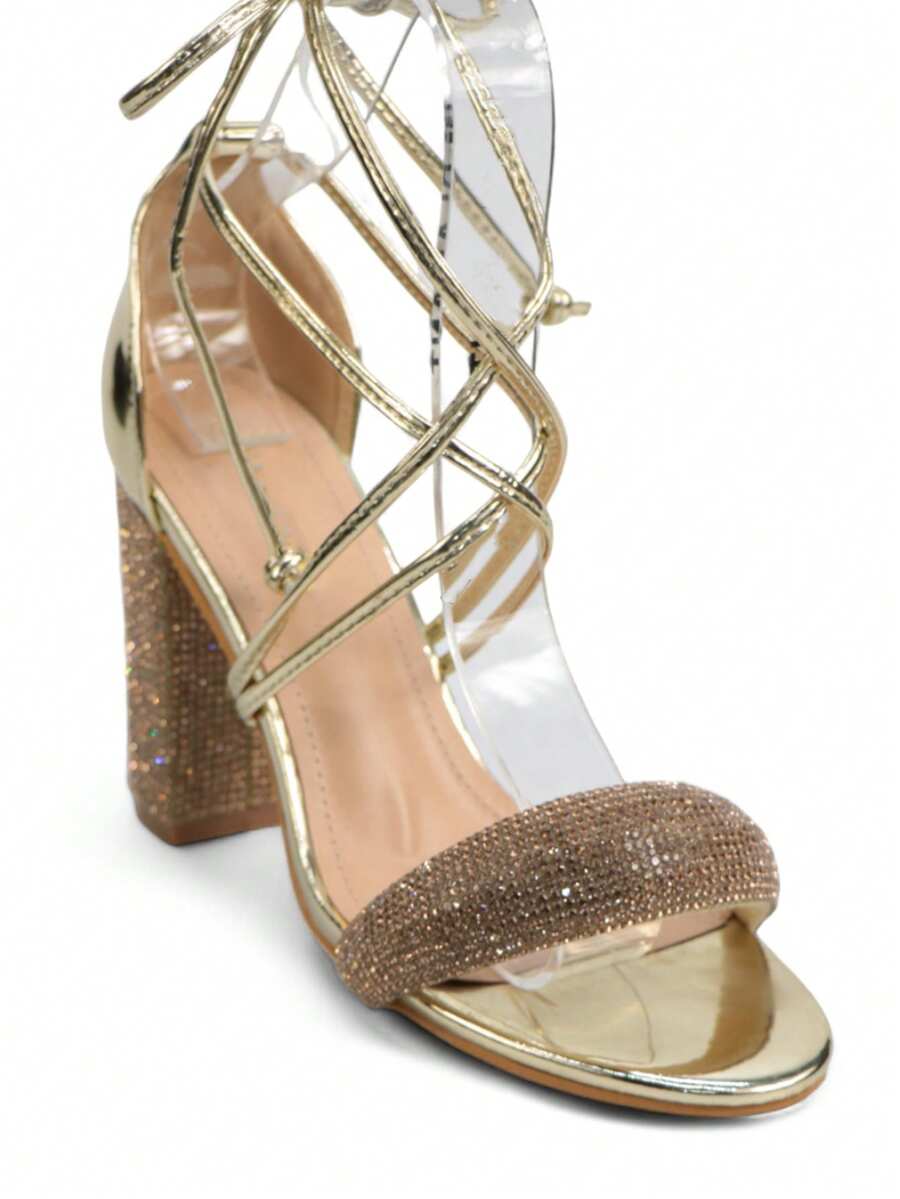 Comfortable Chunky Heeled Strappy High Heels, Elegant, Stylish, And Perfect For The Holidays. - Gold - View 1