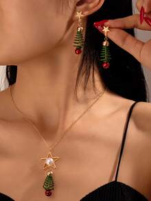 3pcs/Set Christmas Series Geometric Christmas Tree, Bell, Star Earrings & Necklace Jewelry Set, Women's Christmas Gift - Multicolor - View 1