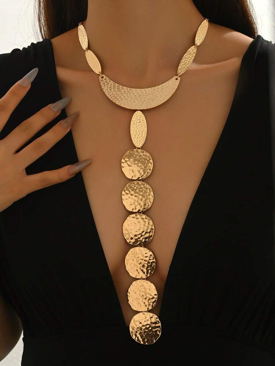 1pc Fashionable Minimalist Versatile Creative Metal Y-Shaped Necklace, Geometric Asymmetrical Circle Oval Moon Multi-Shape Hammered Metallic Combination Y-Shaped Pendant Necklace, Suitable For Women's Daily, Festivals, Parties, Formal Wear - Golden - View 1