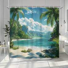 Bộ rèm tắm biển 1 chiếc, rèm tắm có 12 móc nhựa, họa tiết dừa biển Hawaii, bầu trời xanh, mây trắng, phong cảnh thiên nhiên, phụ kiện trang trí nhà cửa, trang trí phòng tắm - trắng - Xem 2