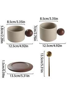 1pc Creative Minimalist Ceramic Coffee Cup & Saucer Set, With Wooden Ball Handle, Office & Casual Mug, Home Breakfast Cup, Latte Art Coffee Cup, Afternoon Tea Cup & Saucer, Practical Drinkware - Multicolor - View 11